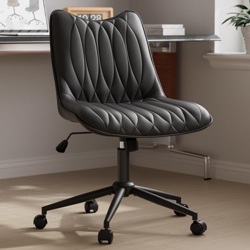 Armless Office Chair, Swivel Rolling Leather Desk Chair, Brown | Waterproof Upholstery, Padded Seat, 15° Relaxing Tilt, 330 LBS Capacity, for Bedroom Vanity and Computer Work - color: Black