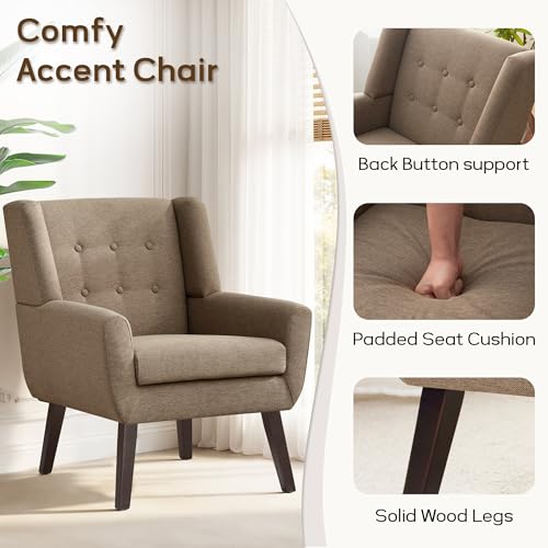 HUIMO Accent Chair for Living Room,Upholstered Button Fabic Armchair Chair | Mid Century Modern Tufted Armchair with Fabric,Comfy Arm Chairs for Club Living Room Reading Bedroom,Waiting Room Brown - color: Brown