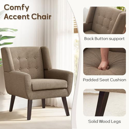 HUIMO Accent Chair for Living Room,Upholstered Button Fabic Armchair Chair | Mid Century Modern Tufted Armchair with Fabric,Comfy Arm Chairs for Club Living Room Reading Bedroom,Waiting Room Brown - color: Brown