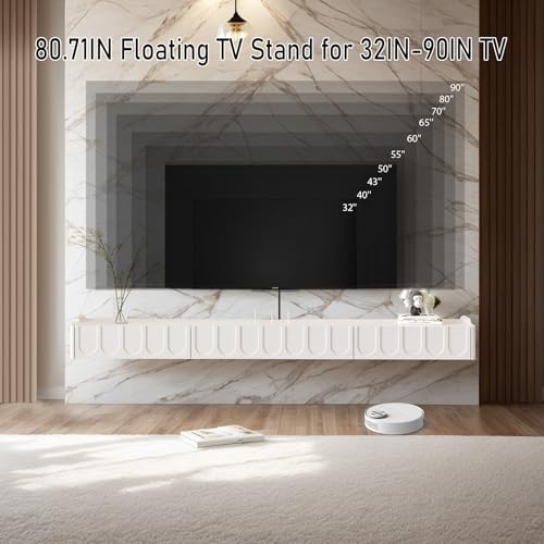 Floating TV Shelf in Solid Wood, 81'' High Gloss Wall Mounted TV Cabinet, Floating Shelves with Door & Drawers, Modern Entertainment Media Console Center Large Storage TV Bench (White) - size: 80.71''
