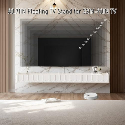 Floating TV Shelf in Solid Wood, 81'' High Gloss Wall Mounted TV Cabinet, Floating Shelves with Door & Drawers, Modern Entertainment Media Console Center Large Storage TV Bench (White) - size: 80.71''