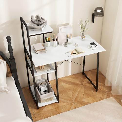 Tangkula Computer Desk with Shelves, Space Saving Home Office Desk with 3-Tier Ladder Shaped Storage Bookshelf, Modern Writing Study Desk with Metal Frame, Compact Computer Workstation (White) - color: White