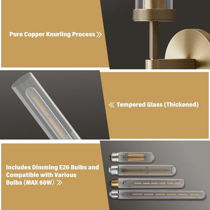 Brass Wall Sconces, 30in Gold 2-Light Double Glass Sconces Wall Lighting, Bathroom Knurled Vanity Light Sconces, Wall Lights for Living Room Bedroom（Including Bulb） - color: Brass- 30 inch-2 Pack, size: 2 Pack