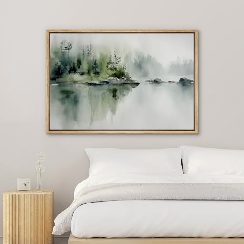 SIGNWIN Framed Canvas Print Wall Art Watercolor Forest Reflection Peaceful Nature Lake Scene Illustrations Modern Art Decorative Chic for Living Room, Bedroom, Office - 16"x24" Natural - color: B12-2508-irs03, size: 24"L x 16"W
