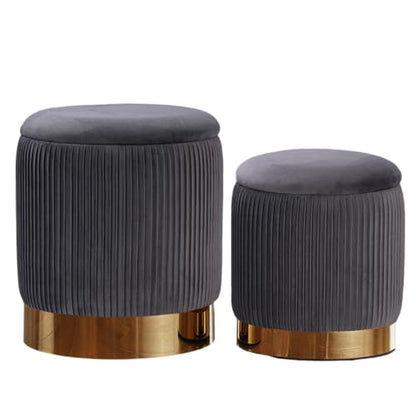 YYW HOME Gray Round Ottoman with Storage Set of 2 | Large storage capacity, Removable Lid, Used for Vanity Stoo,l Assemble Free, Nesting Packing - color: Grey