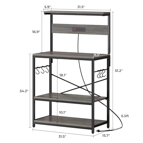 SUPERJARE Bakers Rack with Power Outlets, Microwave Stand, 31.5 X 16.5 Inch Larger Desktop, Kitchen Storage Rack with Adjustable Middle Shelf, 6 S-Shaped Hooks, Coffee Bar Stand, Grey - color: Charcoal Gray, size: 31.5 inch