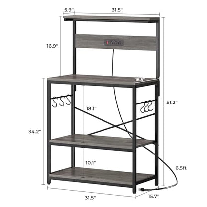 SUPERJARE Bakers Rack with Power Outlets, Microwave Stand, 31.5 X 16.5 Inch Larger Desktop, Kitchen Storage Rack with Adjustable Middle Shelf, 6 S-Shaped Hooks, Coffee Bar Stand, Grey - color: Charcoal Gray, size: 31.5 inch