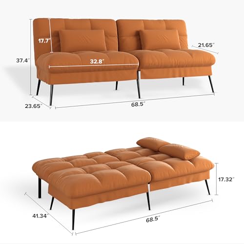 COMHOMA 72″ Convertible Futon Sofa Bed, Adjustable Backrest, Orange | Breathable Fabric Futon Couch with Pillows,Multi-angle Ergonomic Reclining,Space-saving Sleeper Sofa for Living Room - color: Orange