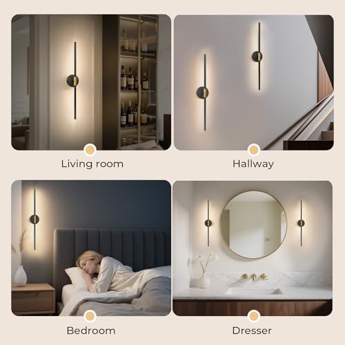 Rechargeable Wall Light 28.3" Detachable 360°Rotation with Remote Set of 2 | Battery Operated Wall Sconces 3000-6500K LED Wall Lamp for Bedroom Hallway 10000mAh Black Gold - color: Black-Round Base, size: 2 Pack
