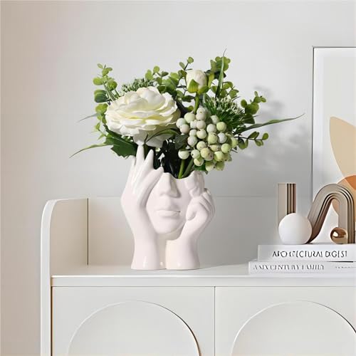 BrownLove Ceramic Face Vase White Flower for Decor Female Form Art Vase Modern Decorative Centerpiece for Table Shelf Living Room Office Bedroom - style: Hands on Cheeks