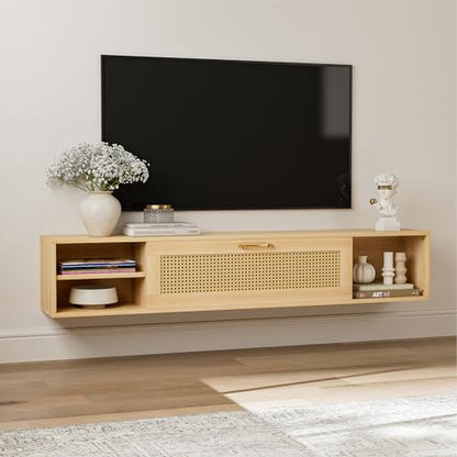 Rattan Floating TV Stand for 75 Inch TV, Wood Wall Mounted TV Cabinet, Mid Century Modern Center TV Stand w/Rattan Cabinet, Entertainment Media Console Large Storage TV Shelfs for Living Room