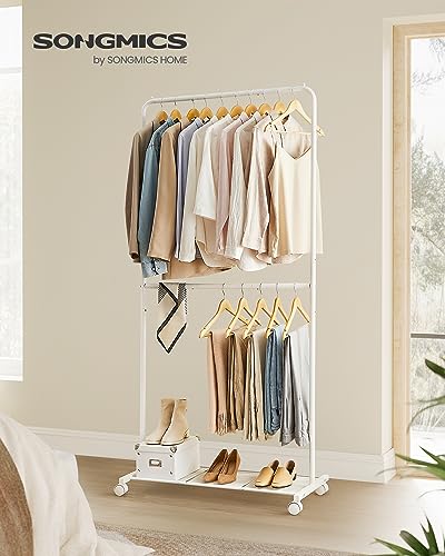 SONGMICS Clothes Rack with Wheels, Double-Rod Clothing Rack for Hanging Clothes, 25.4mm Metal Garment Rack with Dense Mesh Storage Shelf, 110 lb Load Capacity, 2 Brakes, White UHSR027W01 - color: White, style: Middle Rod
