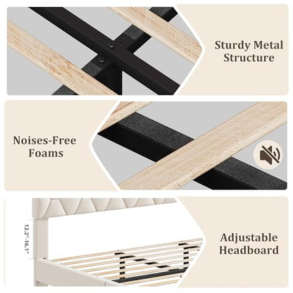 GAOMON King Bed Frame with Upholstered Headboard, Heavy-Duty Platform Bed Frame with Strong Wood Slats, No Box Spring Needed/Noise Free/Easy Assembly, Ivory White | Heavy-Duty Bed Frame with Wooden Slats Support Upholstered Mattress Foundation No Box Spri