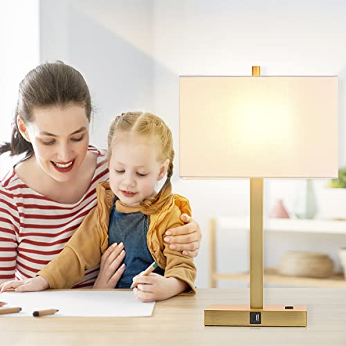 21" Touch Bedside lamps with 2 USB & AC Outlets, 3-Way Dimmable Bedside Table Lamps Set of 2 for Bedroom Living Room Office Reading, White Shade Lamps for Night Stands, 2700K LED Bulbs Included - color: (2 Pack)White Cream Linen & Brushed Gold (Base)-2700