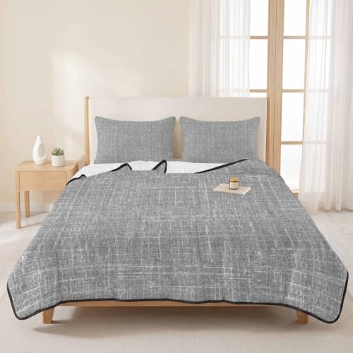 Full Quilt Bedding Set, Minimalist Gray Aesthetic Soft Microfiber Summer Bedspread Coverlet with 2 Pillow Shams for All Season, Retro Linen Textured Breathable Bedding Set for Hot Sleepers - size: Full