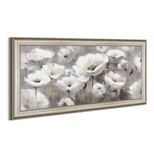 Flower Framed Canvas Wall Art: Large Floral Painting Decor Abstract White Blossom Blooming Picture Artwork Modern Botanical Wildflower Print for Living Room Bedroom Office - color: White Flowers, size: 55.5"L x 26.8"W