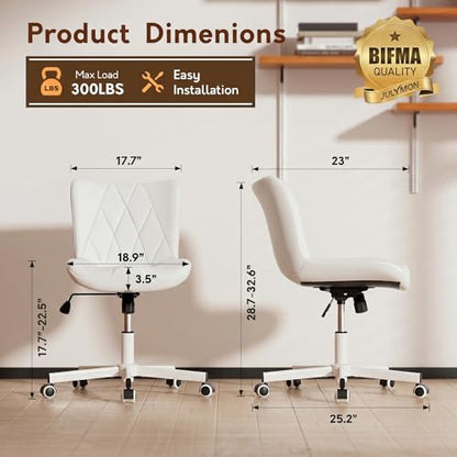 Armless Desk Chair, Morden Home Office Chair no Arms, Adjustable Height & Rocking Computer Chair, PU Leather Vanity Chair, Ergonomic Seat Soft Padded Desk Chairs for Home Small Space, White - color: White