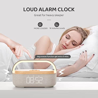 Bluetooth Speaker Alarm Clock & Wireless Charger for Bedside, Home, Office | FM Radio, Adjustable LED Night Light, 6 in 1 Bedroom Portable Speaker 2500mAh, Phone Stand - color: Beige