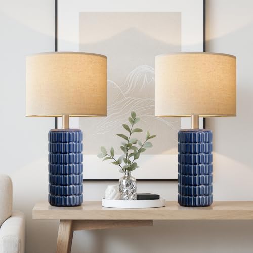 Seealle 23" Modern Ceramic Table Lamps Set of 2, Lamps for Bedroom, Blue | Lamps for Living Room, Bedroom, Bedside, Night Stands, End Table, Desk, Farmhouse Home Decor - color: Blue