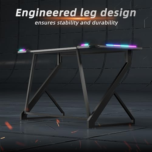 TIQLAB Gaming Desk with LED Lights, 40 Inch Computer Desk Z Shaped Gamer Workstation, Gaming Table with Carbon Fiber Surface, PC Gamer Desk, Black