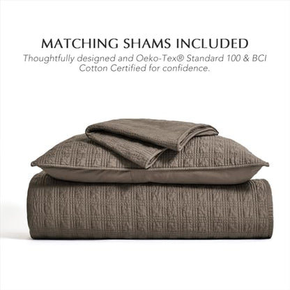 EVERGRACEHOME Cotton Sateen Windowpane Quilt Set Queen Size, Mocha Brown | 100% Cotton, Pre-Washed Soft Coverlet Bedspread, 3-Piece Lightweight Bedding Set for All Season, with 2 Pillow Shams - color: Mocha Brown - Windowpane, size: Full/Queen (96" X 92")
