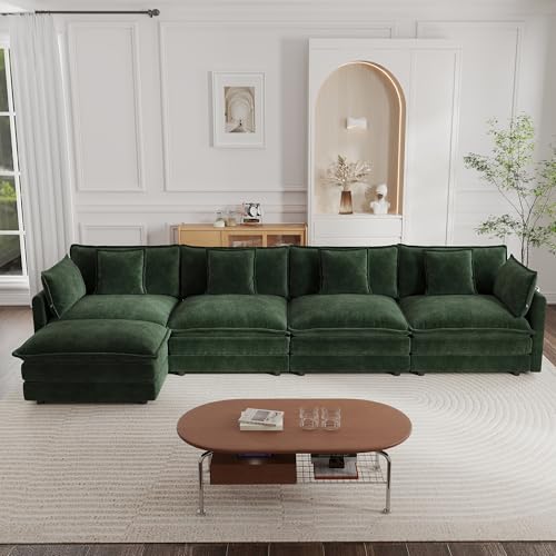Modular Sectional Sofa, 146.5 Inch L Shaped Couch Set for Living Room, 4-Seater Comfy Cloud Couches with Movable Ottoman, DIY Combination, Chenille, Evergreen - color: Evergreen, size: 146.5 Inch- L