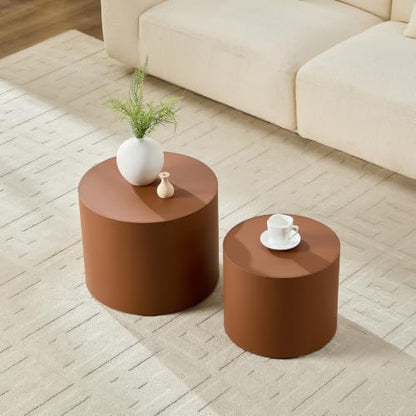 Round Nesting Coffee Table Set of 2 for Living Room, Brown | Saddle Leather Side Tables, 19 in. and 15 in. Accent and End Tables, Wood Frame, 200 lbs Capacity, Bedroom Home Office - color: 19.1" Round Brown