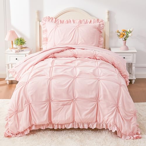 Twin Comforter Set for Girls, Boho Pintuck Bedding Comforter Sets, 4 Pieces Ruffles Jacquard Embroidery Twin Bedding Sets with Comforter, Fitted Sheet, Flat Sheet and Pillowcase, Pink - color: Pink, size: Twin