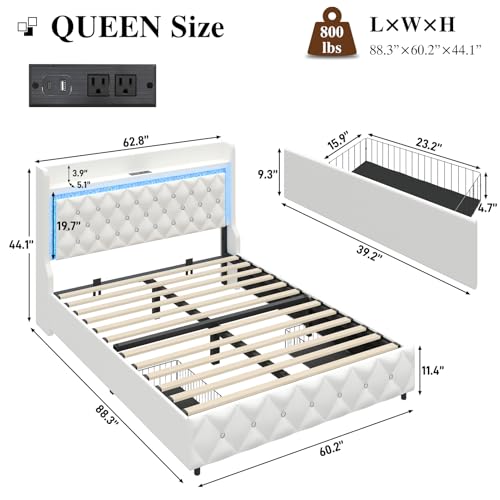 Queen Bed Frame with LED Lights & Charging Station, Upholstered Bed Frame Queen Size with Storage Headboard & 2 Drawers, Diamond Tufted, Curved Wingback, PU Leather, No Box Spring Needed, White - color: White, size: Queen