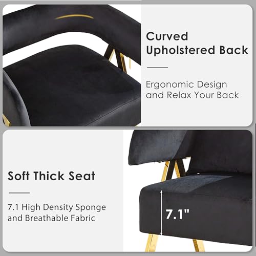 Modern Black Gold Velvet Accent Chairs Set 2, Barrel Armchairs Living Room | STHOUYN Comfy Reading Chairs, Living Room and Bedroom Seating, Curved Barrel Design, Gold-Tone Legs, Wide Seat, Small Space - color: Black