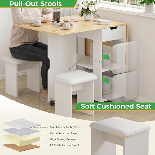 Mondeer 55" Folding Dining Table and Chairs Set 4, Cushioned Stools | 2 Drawers, Storage Shelves, Space Saving Table and Chairs for Kitchen Dining Room Small Spaces, Oak and White - color: Oak and White