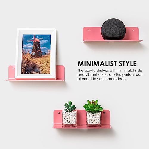 OAPRIRE Pink Acrylic Floating Shelves Set of 2 - Easily Expand Wall Space - Small Wall Shelf with Strong Adhesive for Bedroom, Kids' Room, Bathroom, etc - color: Pink