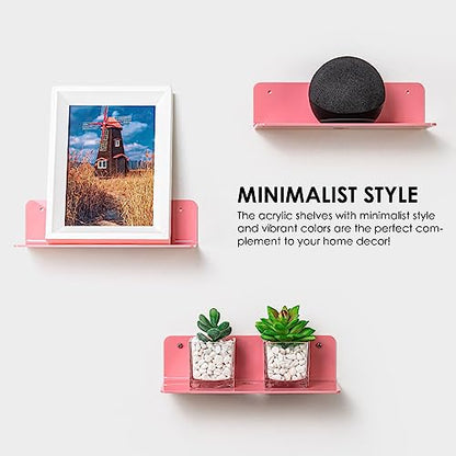 OAPRIRE Pink Acrylic Floating Shelves Set of 2 - Easily Expand Wall Space - Small Wall Shelf with Strong Adhesive for Bedroom, Kids' Room, Bathroom, etc - color: Pink