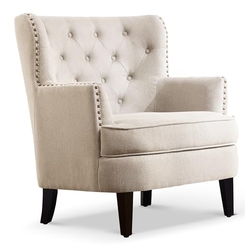 Rosevera Harris Velvet Upholstered Club Chair 34.5”H, Barrel Chair, Wingback Tufted Button Armchair, Contemporary Nailhead Accent Chair for Living Room, Bedroom, Recreation Room, Entryway, Small Space - color: Natural Beige
