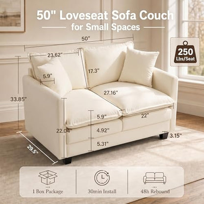 50" Love Seat, Small Cloud Sofa Couch with 2-Layer Cushion & 27" Deep Seat, 2 Pillows for Small Spaces, Bedroom, Apartment, Office, Living Room, in a Box, Beige - color: Beige, size: Loveseat