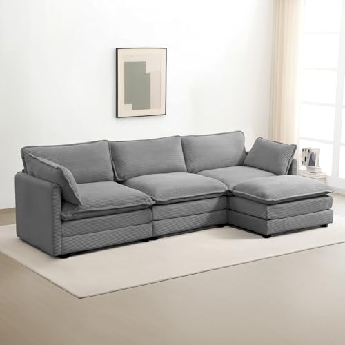 ROWHY 112'' Modular Sectional Cloud Couch with Movable Ottoman, 4 Seat Modern Corduroy Sofa, Deep Seat L Shaped Couch for Living Room Bedroom Apartment,Dark Grey - color: Dark Grey, size: 112''