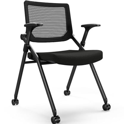 Foldable Office Chair with PU Wheels and Smooth Armrest-Ergonomic Mesh Bouncing Back, Stackable Conference Room Chair, Office Guest & Reception & Meeting Chair (Black)