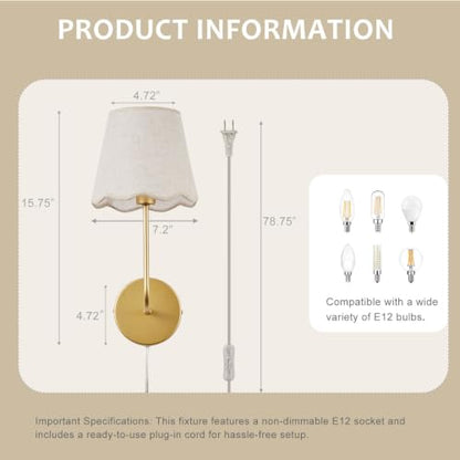 Boho Fabric Wall Sconces Set of 2 Plug-in | Wall Light Brass Paint Finish with Flower Linen Shade Set of 2 for Bedside, Living Room, Fireplace, Hallway