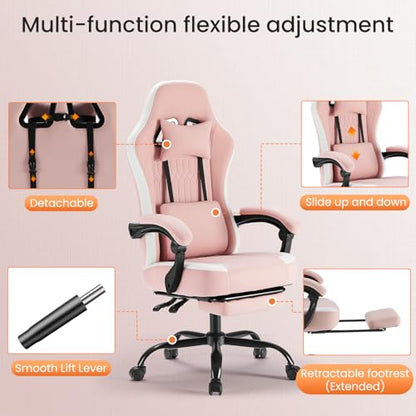 Sweetcrispy Video Game Chair, Ergonomic Computer Desk Chair, Lumbar Support | Footrest, Height Adjustable, Linkage Armrests, Headrest, High Back, 360° Wheels, Pink - color: Pink