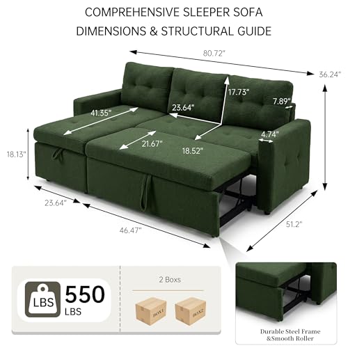 HIPIHOM Pull Out Sleeper Sofa Bed with Storage Chaise, 80.7" L-Shaped Teddy Sectional Couch, Convertible 3-Seater for Living Room, Apartment & Guest Room, Easy Assembly, Green - color: Green