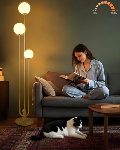 63IN 3-Light Dimmable Floor Lamp, Unique Gold Tall Standing Lamps with 3000K G9 Bulbs for Reading, Mid Century Modern Floor Lamp with 5Lbs Heavy Base for Living Room Bedroom Home Office - color: 3 Globe-Gold U