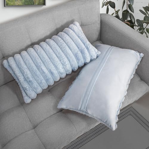 Uhomy Set of 2 Faux Fur Plush Decorative Throw Pillow Covers Fuzzy Striped Soft Pillowcase Cushion Covers for Living Room Sofa Couch Bedroom, 12x20 inch 30x50 Cm Lake Blue - color: Lake Blue, size: 20" x 12" (Pack of 2)