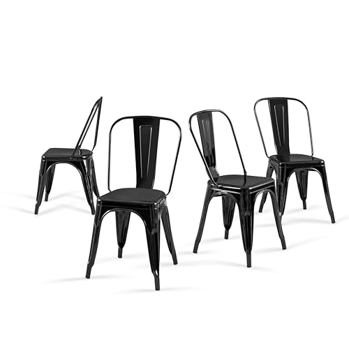 Metal Dining Chairs Set of 4 Obsidian Black | Stackable Tolix Style Indoor Outdoor Patio Kitchen Farmhouse Chair - color: Obsidian Black