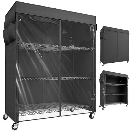 REIBII 4-Tier Shelving Unit with Cover, Dustproof, with Wheels for Pantry | Heavy-duty steel, 794 lbs capacity, Dustproof cover with zippered access, 4 lockable wheels, Adjustable, Tool-free assembly - size: 36" W x 14.3" D x 56.5" H