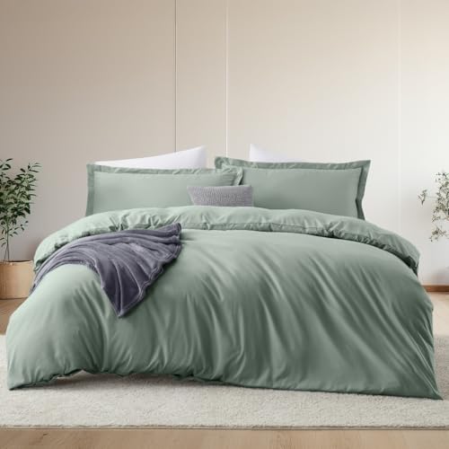 Hearth & Harbor 7 Piece Queen Duvet Cover & Bed Sheet Set, Sage Green | Soft Double Brushed Bedding Set, All Season, Easy Care, Includes Duvet Cover, Fitted Sheet, Flat Sheet, Pillowcases & Shams - color: 13 - Sage Green, size: Queen 7-Piece Set (no comfo