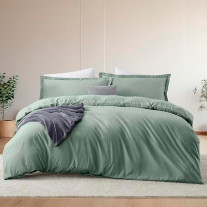 Hearth & Harbor 7 Piece Queen Duvet Cover & Bed Sheet Set, Sage Green | Soft Double Brushed Bedding Set, All Season, Easy Care, Includes Duvet Cover, Fitted Sheet, Flat Sheet, Pillowcases & Shams - color: 13 - Sage Green, size: Queen 7-Piece Set (no comfo