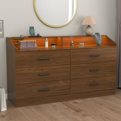 6 Drawer Dresser for Bedroom with Charging Station, Dresser with LED Light | Chest of Drawers for Closet, Modern Dressers with Open Storage Cubby, Double Wide Dressers - color: Walnut