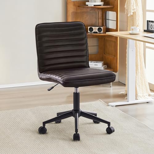 Furnimart Armless Swivel Rolling Desk Chair, Adjustable Faux Leather Vanity Chair with Gold Legs, Cute Task Chair with Wheels for Living Room Bedroom Studying Small Places (Black/Brown) - color: Leather-blackbrown