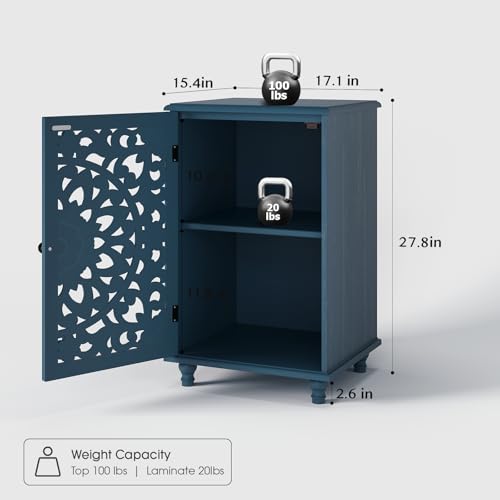 Jiansu furni Boho Small Buffet Cabinet with Hand-Carved Mandala Door, 17" Coffee Bar Station with Adjustable Shelf, Distressed Blue Accent Storage Cabinet for Small Spaces, Kitchen, Dining Room - color: Blue_1 Door