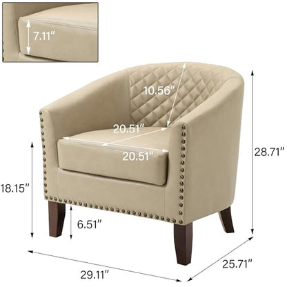 Faux Leather Accent Chair, Modern Barrel Club Chair, Beige | Comfy Upholstered Armchair for Living Room, Round Club Chair Single Sofa Bedroom Reading Seat | 26"D*29"W*29"H - color: Beige